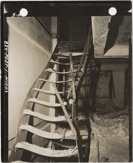Hiroshima-Asano, deformed steel
                  stairs, November 1945
