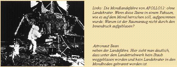 Mondlüge: Mondlandefähre ohne
                      Landekrater, mit Staub darunter; Apollo 12