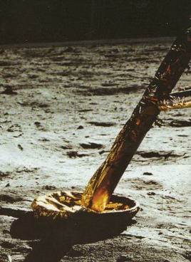 Mondlge: Noch ein Landefuss ohne Staub
                        drauf, aber rund herum mit viel Staub mit
                        Fussabdrcken. Bei einer Landung einer
                        Mondsphre mit Triebwerken sind diese
                        Verhltnisse schlichtweg unmglich.
