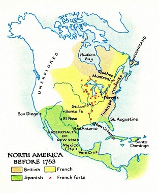 Map
                        showing the partition of North and Middle
                        "America" in about 1680 between the
                        European White racist nations (by 1763), map:
                        British part red, French part yellow, Spanish
                        part green.