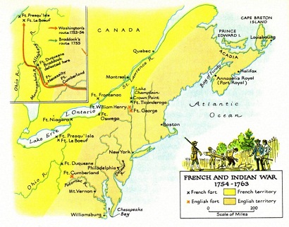 Map
                        showing French Indian war 1754-1763 against New
                        England, until the French are expelled.