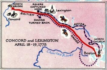 Boston, Lexington Concord 1775 -- die
                      britische Armee verfolgt die Rebellen aus Boston:
                      Dawes und Revere, Karte. / Boston, Lexington
                      Concord 1775 -- the British Army persecuting the
                      Boston rebels: Dawes and Revere, map.