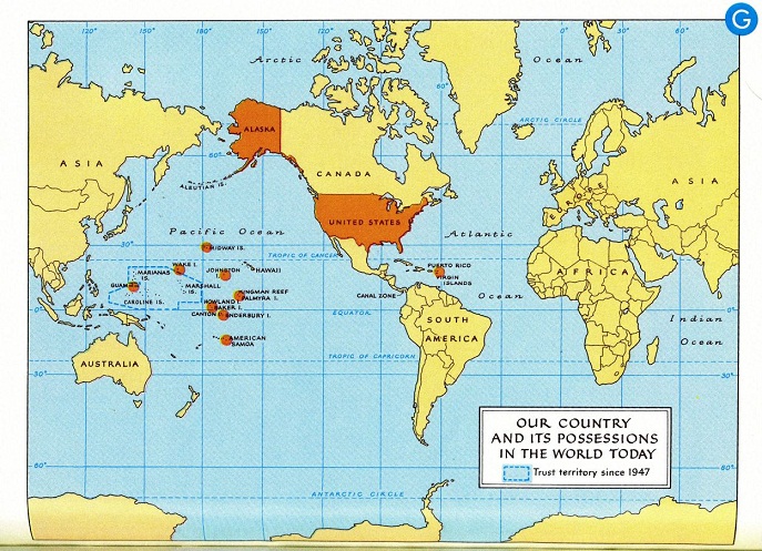 Map of 1947 with "USA" in Pacific
                        region. But world dominance of "USA"
                        occupying Germany and with Israel is not
                        mentioned in the school book [Rhine meadow
                        camps, Zionist Israel imperialism etc.].