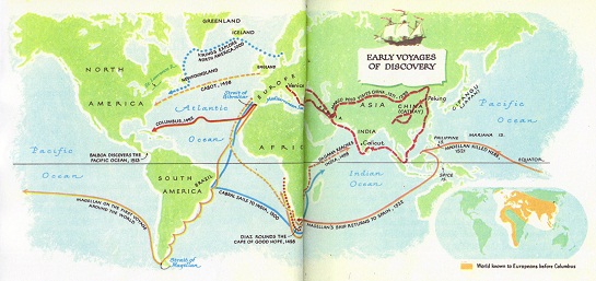 Weltkarte mit der Reise von Marco Polo und den
                  offiziellen, europischen Entdeckungsfahrten