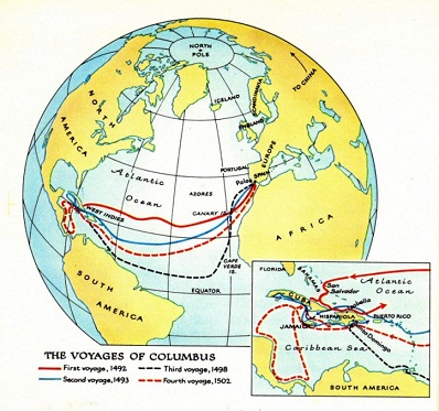 Die Globus-Karte mit den Kolumbus-Invasionen der
                  Flotten unter Leitung von Kolumbus 1492-1502.