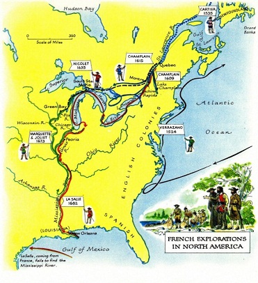 Karte der französischen Expeditionen in
                      Nord-"Amerika 1524-1682