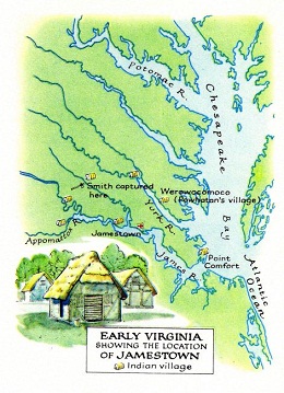 Karte
                    mit der Position der weissen Siedlung Jamestown,
                    gegrndet 1607.