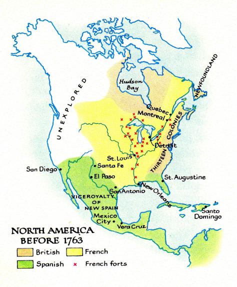 Aufteilung von Nord-"Amerika" -- map,
              mapa, carte, carta, Karte, terkep -- North America before
              1763, French forts -- Vera Cruz, Mexico City, Viceroyalty
              of New Spain, Vizeknigreich Neu-spanien, San Antonio, El
              Paso, Santa Fe, San Diego, St. Louis, New Orleans, Santo
              Domingo, St.Augustine, Detroit, Montreal, Quebec,
              Neufundland, Newfoundland, Thirteen Colonies, Dreizehn
              Kolonien, Hudson Bay