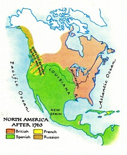 Karte mit der neuen, weissen Aufteilung
                      Nord-"Amerikas" von 1763 zwischen
                      England und Spanien, Russland ist an der obersten
                      Westkste und Frankreich bleiben nur ein paar
                      kleine Flecken.