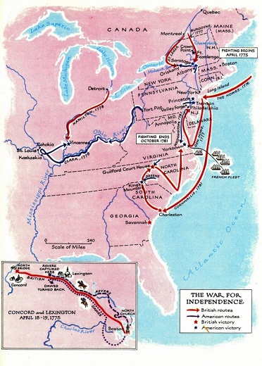 Der weisse
                            "Unabhängigkeitskrieg" 1776-1781
                            in "Amerika", Karte