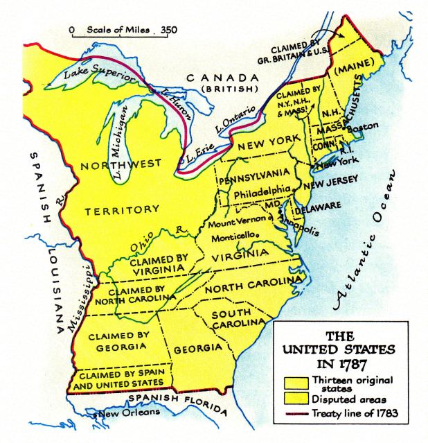 USA 1787, Aufteilung Nord-"Amerikas"
              1783,1787 zwischen GB, "USA" und Spanien --
              partition of Northern "America" 1787 between
              "USA", Spain and GB -- Karte, map, mapa, carte,
              carta, terkep