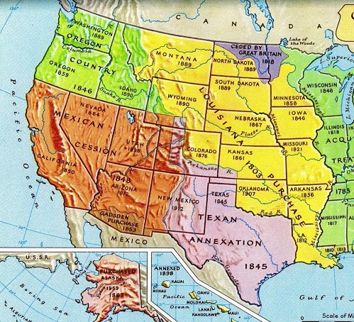 Karte mit Louisiana und der Exspansion der
                    weiss-rassistischen "USA" bis zum Pazifik
                    1803-1848. Primrnationen (Ureinwohner,
                    "Indianer") kommen auf der Karte nicht
                    vor.