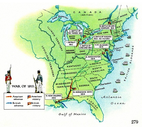 Zweiter
                            weiss-"amerikanischer"
                            Unabhängigkeitskrieg zwischen
                            "USA" und England 1812-1815, Karte
                            mit Schlachtorten.
