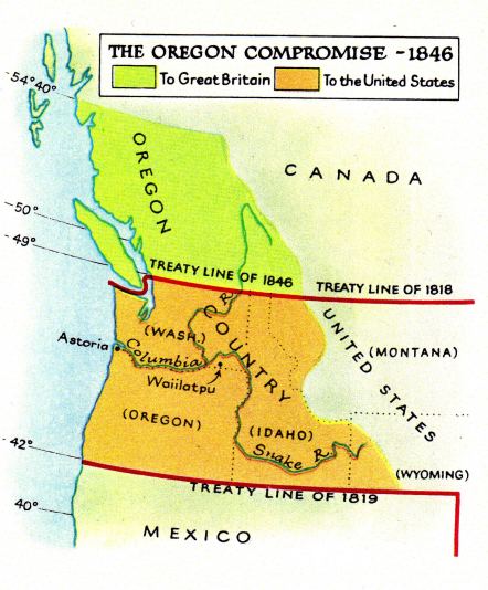 Karte: Kauf und Teilung von Oregon Country 1819 und
                1846, Vertragslinien von 1819 und 1846, Stadt Astoria,
                Columbus-Fluss, Schlangenfluss (Snake River), die
                Ortschaft Waiitatpu.