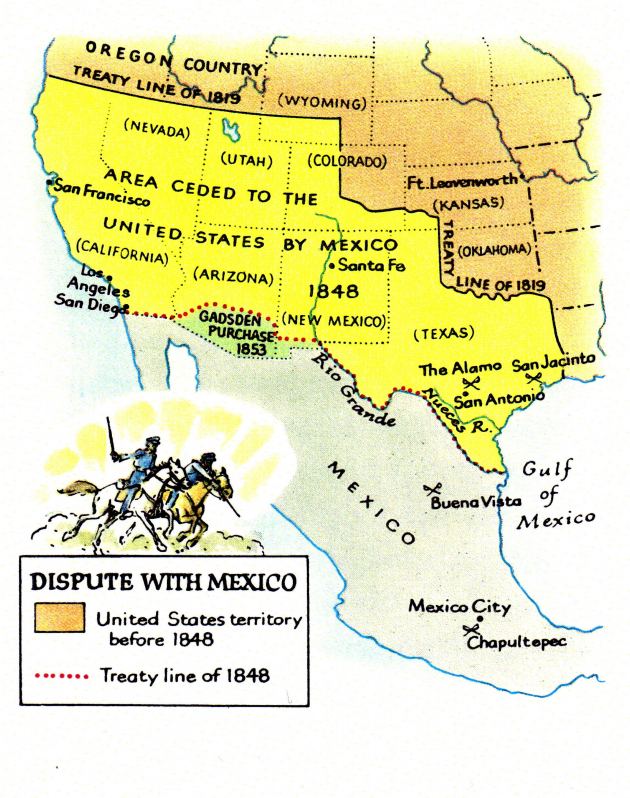 Karte: 1848,
                      Durchbruch nach Kalifornien, Vertragslinien von
                      1819 und 1848, Gadsden-Kauf von 1853
