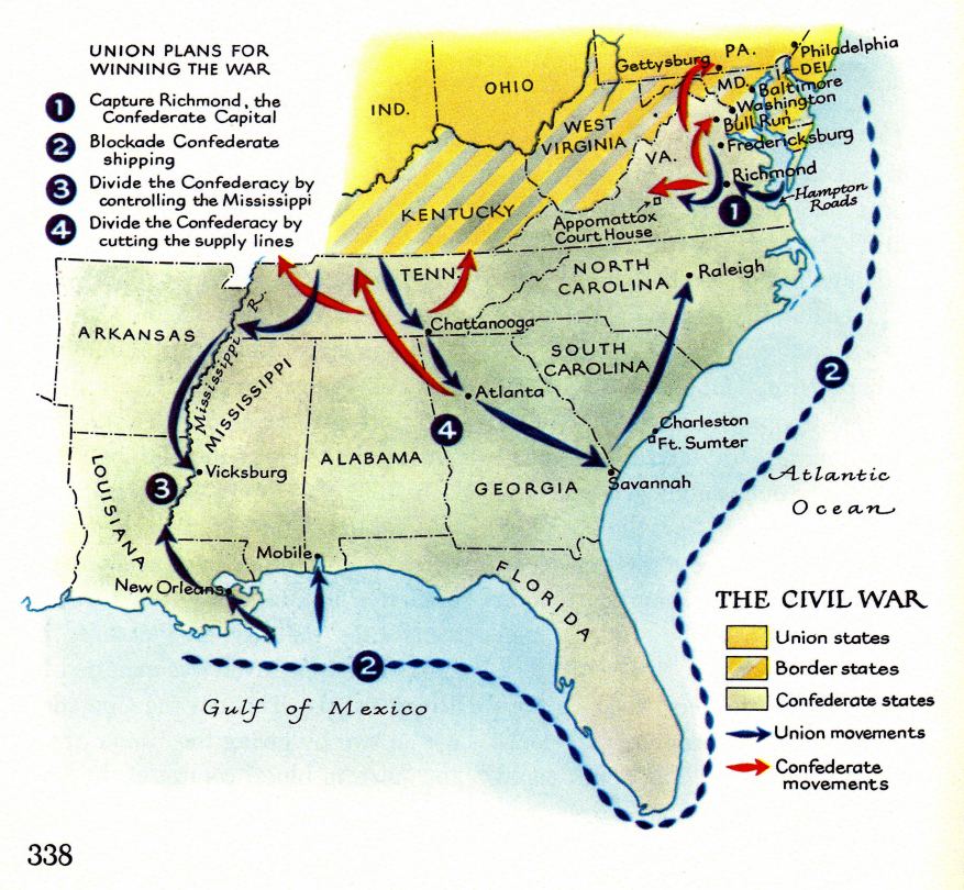 USA: Der Plan zu Sieg der
                    Nordstaaten im Bürgerkrieg 1961-1965, civil war plan
                    of the Northern States ; Karte, map, mapa, carte,
                    carta, terkep