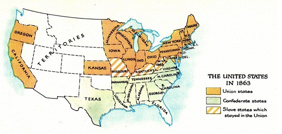 Die Staatenverteilung im weissen
                          Brgerkrieg der "USA" 1861, Karte.