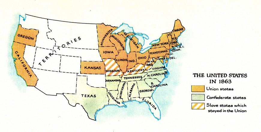 Brgerkrieg USA Staatenverteilung, civil war
            1861-1865 ; Karte, map, mapa, carte, carta, terkep