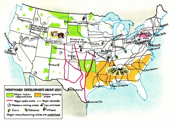 "USA": Rindertreiberzüge -
                            Landwirtschaftsland - Primärnationen
                            (Ureinwohner, "Indianer" werden in
                            Reservate gezwungen (Freiluft-KZs) -
                            Eisenbahnbau um 1870, Karte.