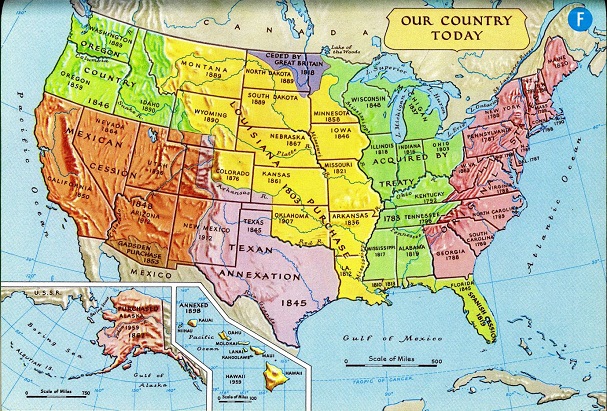 Karte der Staaten der "USA" 1965 mit
                    den Kaufdaten und Besetzungsdaten.