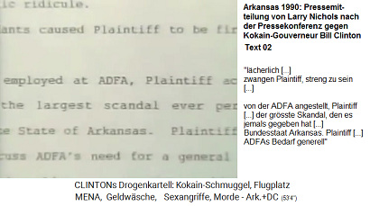 Little Rock (Arkansas) 1990:
Die Pressemitteilung von Larry Nichols
nach der Pressekonferenz gegen
Kokain-Gouverneur Bill Clinton Text
02 Little Rock (Arkansas) 1990:
Die Pressemitteilung von Larry Nichols
nach der Pressekonferenz gegen
Kokain-Gouverneur Bill Clinton Text
02