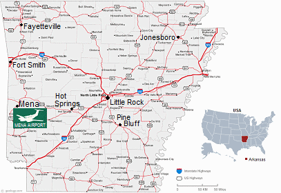 Karte von Arkansas mit der Hauptstadt Kleinstein ("Little Rock") und dem Flugplatz MENA