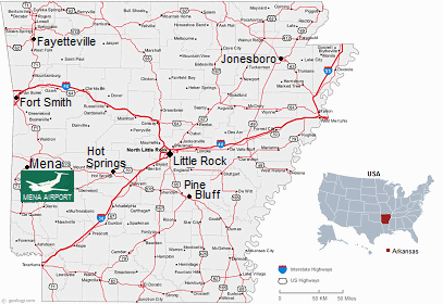 Map of Arkansas with it's capital Little Rock and the airfield of MENA Map of Arkansas with it's capital Little Rock and the airfield of MENA