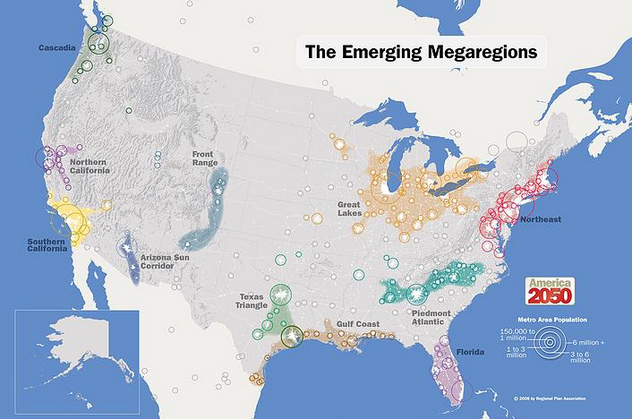 "USA": Geplante
Megaregionen für 2015, Karte "USA": Geplante Megaregionen
für 2015, Karte