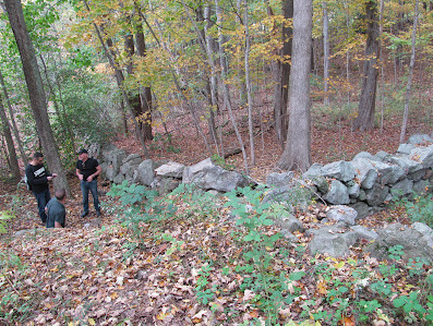 Sicht von oben vom Erdkeller von Upton mit einer
Steinmauer mitten im Wald Sicht von oben vom Erdkeller
von Upton mit einer Steinmauer mitten im Wald