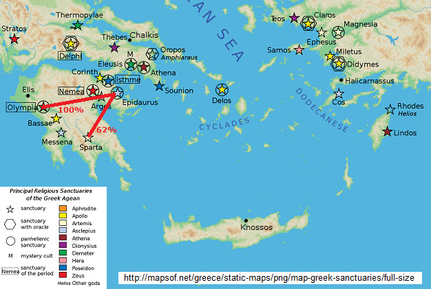 Karte von Griechenland,
Goldener Schnitt zwischen Epidaurus, Olympia
und Sparta Karte von Griechenland, Goldener
Schnitt zwischen Epidaurus, Olympia und
Sparta