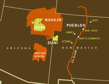 Karte mit dem Gebiet der
                        Zuni-Ureinwohner in New Mexico (hellgrn)
