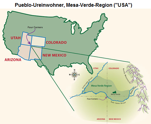 Pueblo-Ureinwohner, Karte mit der Region
                        Mesa Verde ("USA")