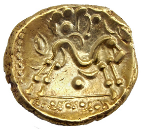 Keltische Goldmünze des Ambiani-Stamms mit einem
keltisierten Pferd Keltische Goldmünze des
Ambiani-Stamms mit einem keltisierten Pferd