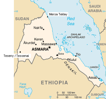 Karte von Eritrea mit Nakfa und
                            Tessenai / Teseny