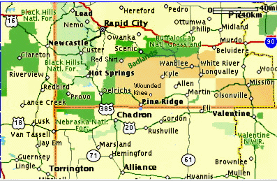 Karte mit Pine
                Ridge Reservation mit Kyle und den Black Hills
