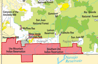 Karte von Colorado mit dem
                                  Ute-Indianerreservat und
                                  Mesa-Verde-Nationalpark