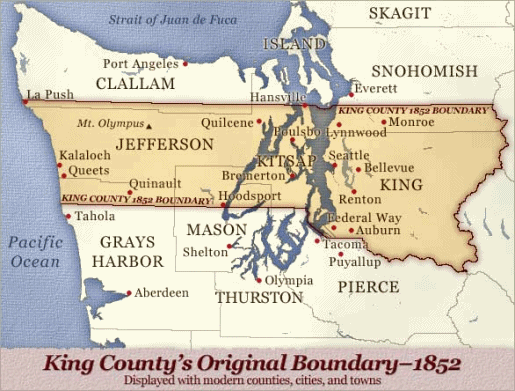 Karte mit
                    der Bucht von Seattle und der kartographischen
                    Einteilung der weissen Rassistenregierung der
                    "USA" mit der Gr�ndung von "King
                    County" 1852
