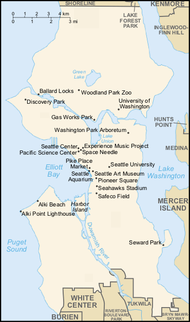 Seattle an der Bucht
                      "Elliott Bay" am Duwamish-Fluss, river,
                      Lake Washington, Lake Union, Green Lake, Karte,
                      map, mapa, carte
