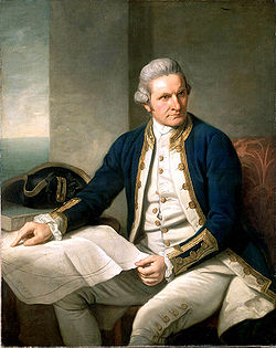 Captain James Cook sitzend.
                            Seine Landkarte sollte der Anfang vom Ende
                            der Prim�rnationen sein...
