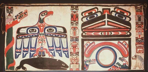 Nuu-chah-nulth-Vorhang
                          mit Motiven Adler auf Walfisch und daneben das
                          Haus sowie 3 Totempf�hle, in Schwarz, Rot,
                          Blau, Gr�n und Braun