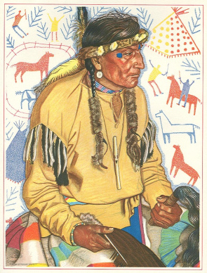 Winold Reiss:
                          Blackfoot-Medizinmann "Lazy Boy"
                          ("Tr�ger Bub"), Profil. Die
                          Piktogramme im Hintergrund zeigen seine
                          "Kriegsvergangenheit", 1920er Jahre
                          ca.