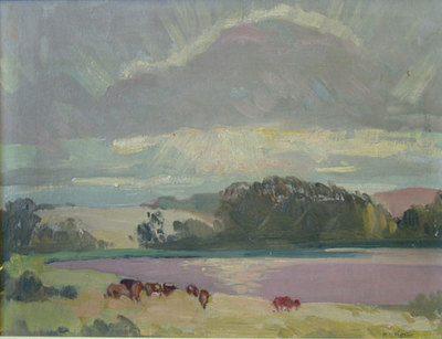 Mildred Valley Thornton: B�ffel beim
                          Grasen (Wasserfarbe), 1930 ca.