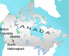 Karte mit der Position des
                            Banff-Nationalparks im Bundesstaat Alberta,
                            Kanada, 6641 km2 gross, in Banff (damit ist
                            der Nationalpark etwas so gross wie der
                            Kanton Bern in der Schweiz im Jahr 2008)
