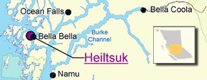 Karte der Heiltsuk-Prim�rnation mit Bella
                          Bella / Waglisla, Namu, Ocean Falls und Bella
                          Coola