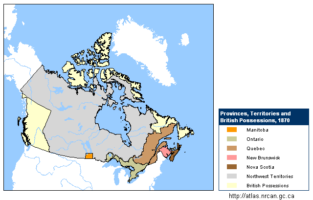 Karte von Kanada
                          von 1870 mit der Einzeichnung des neu
                          gegr�ndeten Manitoba. Rupertsland und
                          Nordwest-Territorium formen zusammen das
                          Nordwestterritorium.
