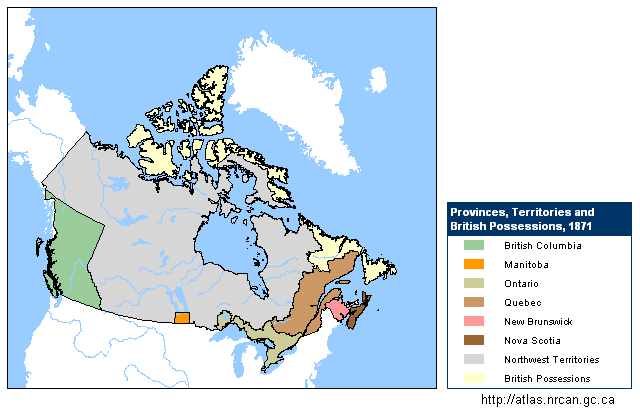 Karte von Kanada mit dem
                          neuen Bundesstaat British Columbia. Die
                          mittleren Bundesstaaten der Plains gibt es
                          noch nicht.