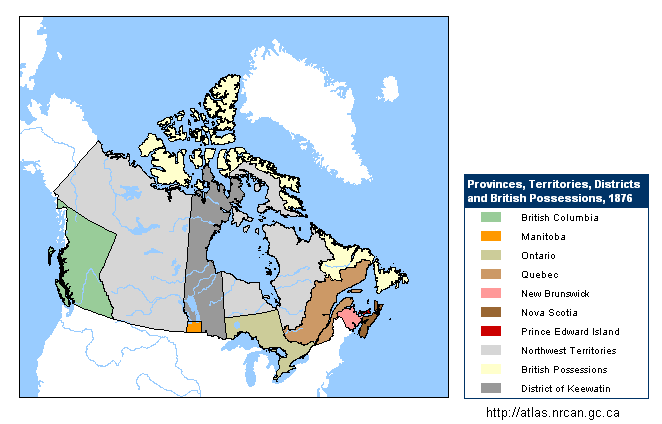 Karte von Kanada von
                              1876. Bildung des Keewatin-Distrikts als
                              Teil des Nordwestterritoriums