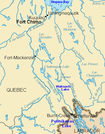 Karte mit dem Gebiet
                                        zwischen Kuujuag (Fort Chimo)
                                        und Schefferville, mit der
                                        Ungava Bay im Norden, Fort
                                        Mackenzie, Wakuach Lake und
                                        Petitsikapau Lake