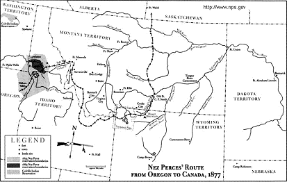 Karte mit der Fluchtroute der Nez
                            Perc�s nach Kanada
