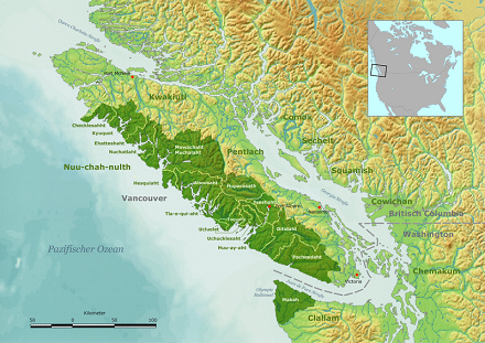 Karte des Gebiets der
                            Nuu-chah-nulth-Prim�rnation mit der
                            Einteilung der Untergruppen